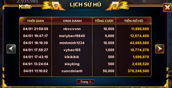 Bảng xếp hạng người chơi thằng Slots Game Sơn Tinh Thuỷ Tinh