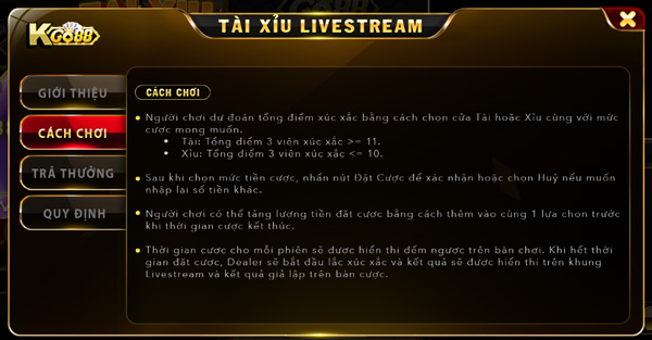 Luật chơi tài xỉu livestream Go88